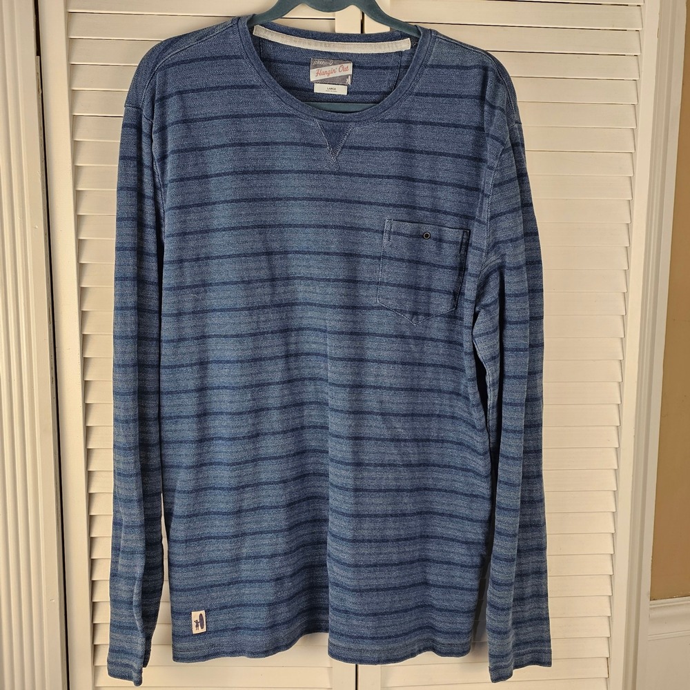 Johnnie-O Mens Indigo Stripe Woodway Long Sleeve Pocket‎ Tee Large
